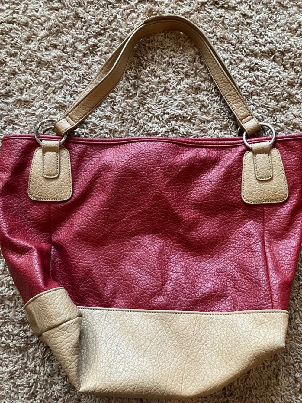 Nine West Red Tan Oversized Tote Shoulder Bag Faux Leather Y2K Colorblock